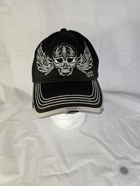 Vintage Born Free Coyote Ugly Whisky Hat Skull Wings Distressed Black Cap Y2K